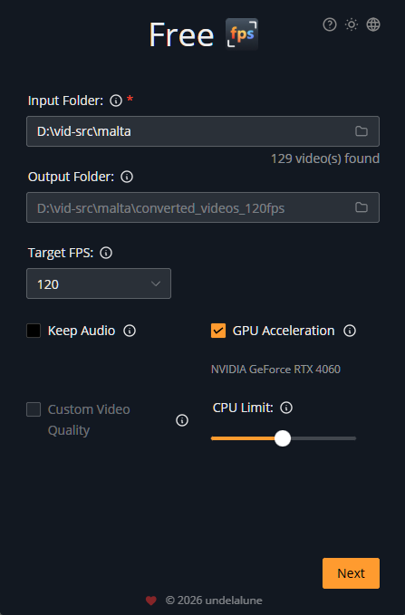 Free-FPS home screen with video selection and FPS conversion settings