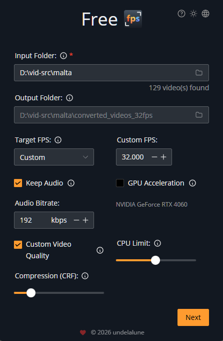 Free-FPS video converter interface showing FPS conversion settings, batch processing queue, and video quality controls for Windows and macOS